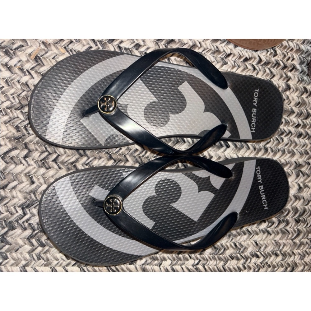 Tory Burch Black and Gray Logo Flip Flop Sandals platform